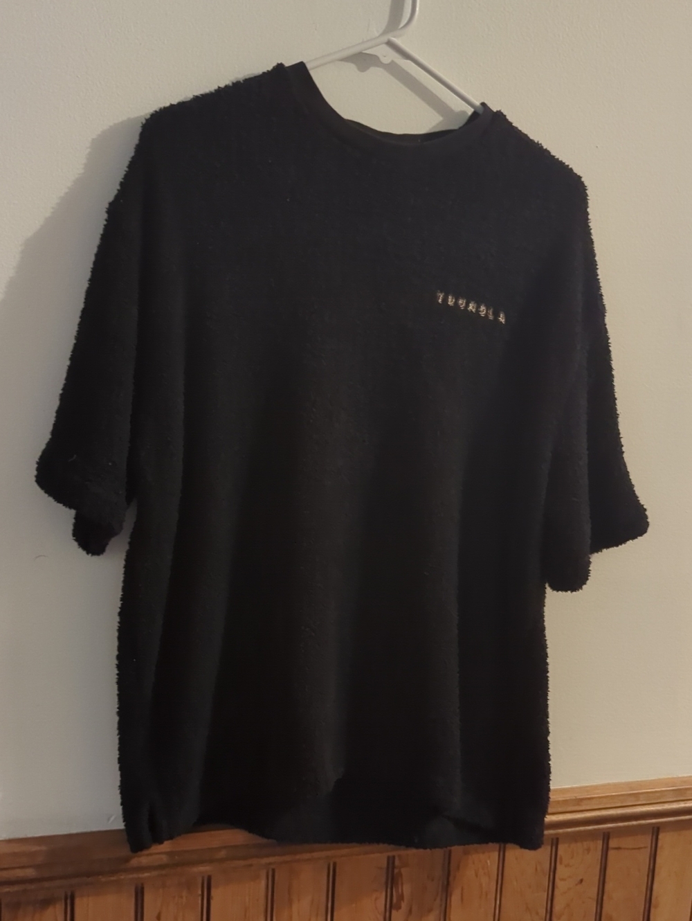 Youngla. Black Plush Short Sleeve Pullover with Subtle Chest Embroidery
